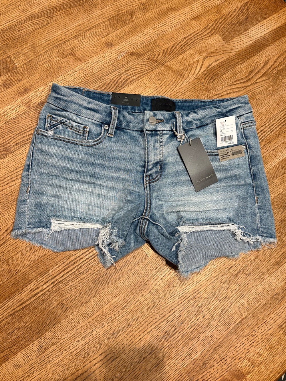 Buckle Black, Light Blue Slim Fit Low Rise Distressed Denim Stretch Shorts